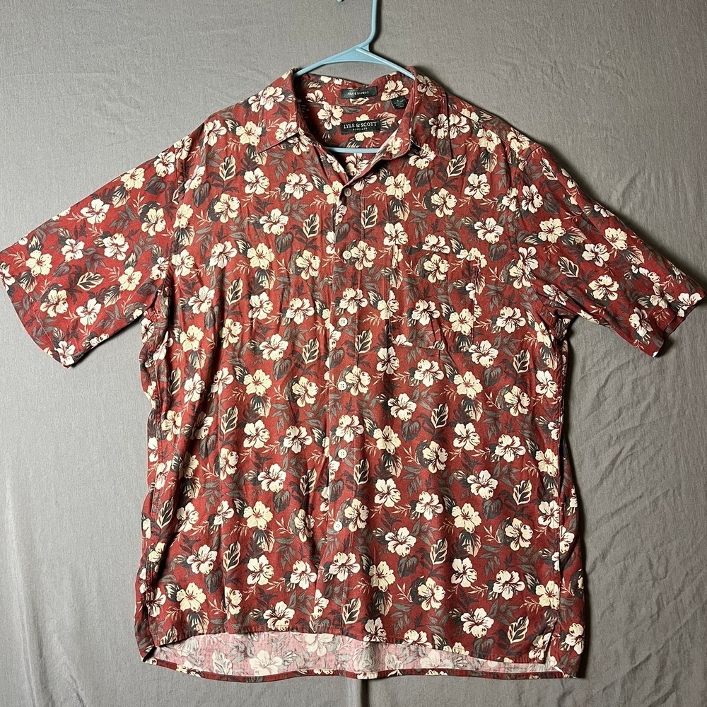 Lyle & Scott Shirt Mens L Silk Bamboo Red Floral Tropical Button Down EUC